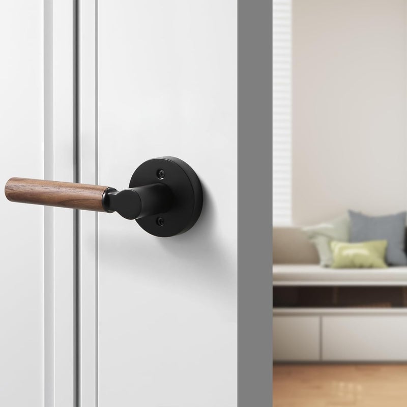 YAGU Wooden Round Dummy Lever Door Handle Pack of 2 Non-Turning Single Side Pull Only Lever Set [for Closet or French Doors] Heavy Duty - Matte Black Finish - Image 2
